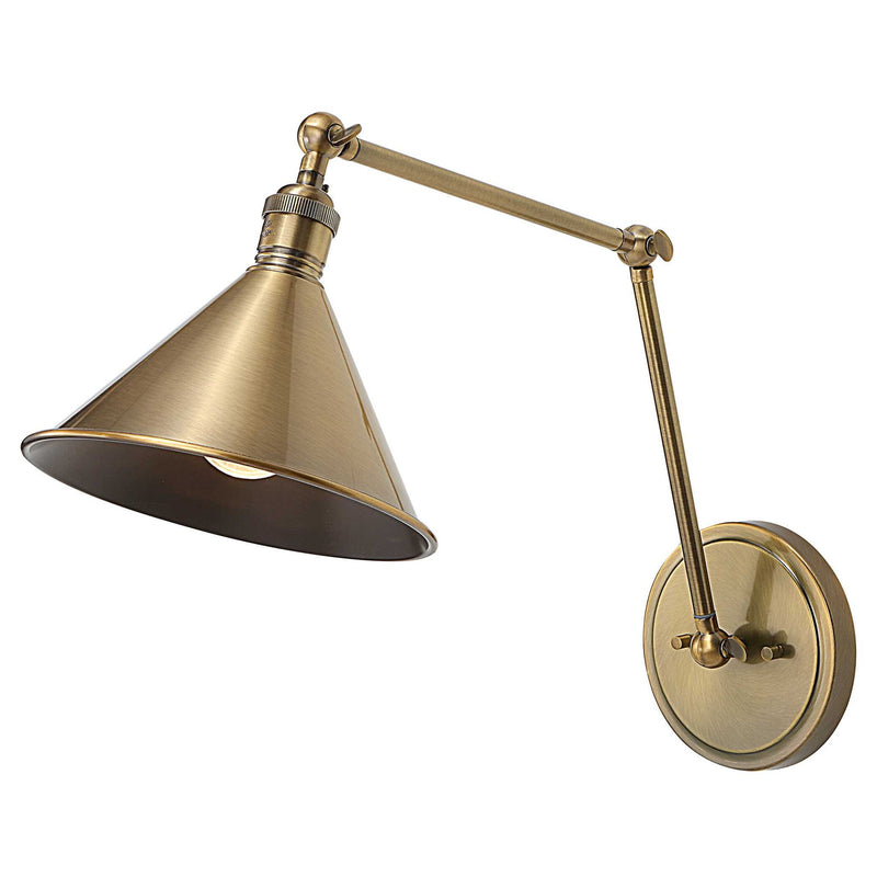 Uttermost Exeter 1 Light Adjustable Gold Sconce with modern design and sleek metal finish, mounted on a wall.