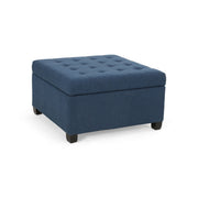 Noble House Isabella contemporary storage ottoman with beige fabric upholstery and hidden storage compartment.