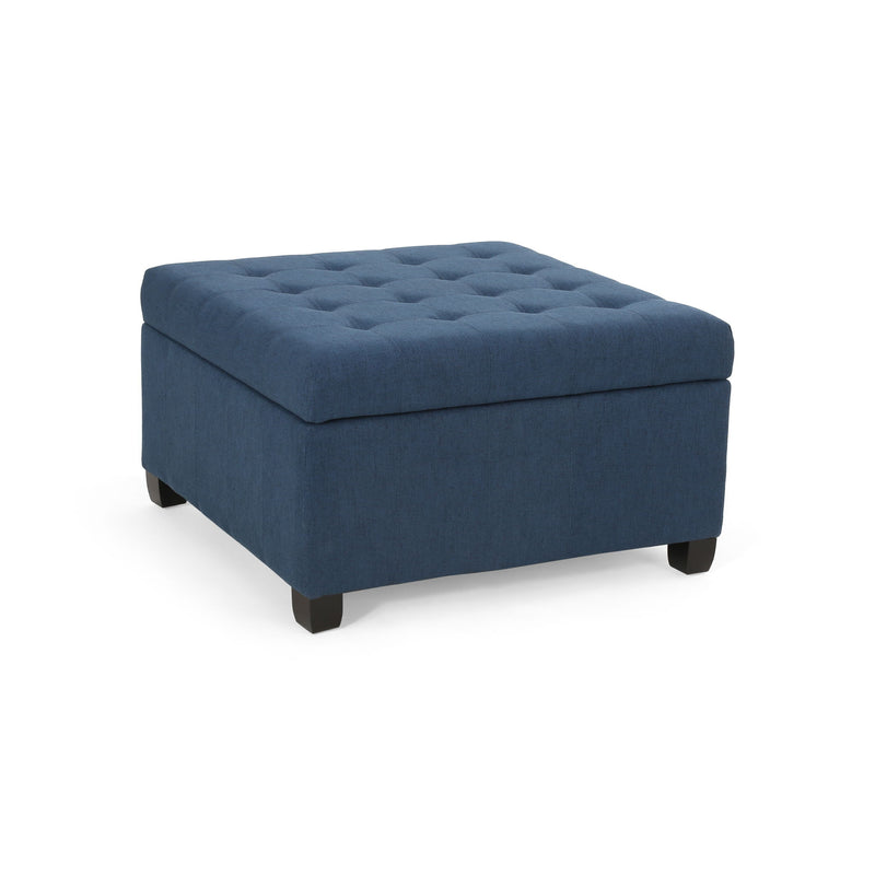 Noble House Isabella contemporary storage ottoman with beige fabric upholstery and hidden storage compartment.