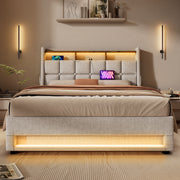 Artistry At Home upholstered platform bed with hydraulic storage, LED lighting, and USB charging ports, shown without mattress.