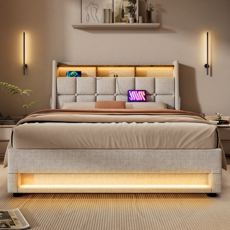 Artistry At Home upholstered platform bed with hydraulic storage, LED lighting, and USB charging ports, shown without mattress.