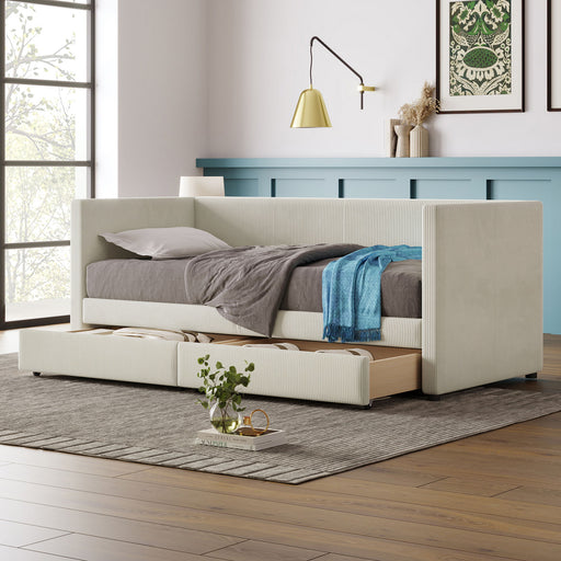 Halcyon Home storage daybed with two drawers and wood slat design, featuring a modern wooden frame and built-in storage drawers.