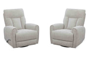 Pair of Parker Living Natalia manual swivel glider chairs, plush upholstered seats with armrests and rotating bases.