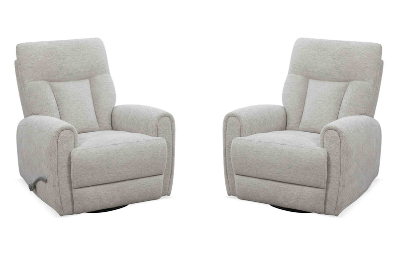 Pair of Parker Living Natalia manual swivel glider chairs, plush upholstered seats with armrests and rotating bases.