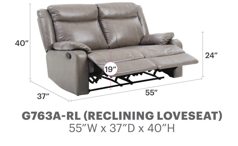 Glory Furniture reclining loveseat for two with plush cushions and modern design, ideal for comfortable living room seating.