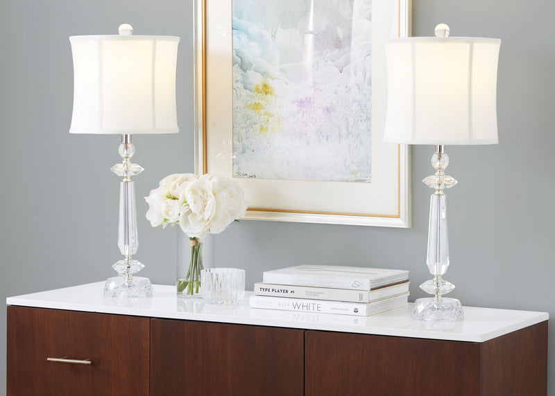 Set of two Lumi Source Karat contemporary crystal table lamps with clear crystal, chrome bases, and white softback shades.