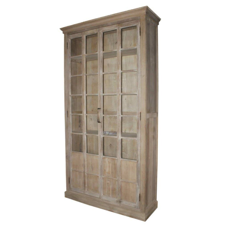 Light brown wood accent cabinet with glass doors, 95-inch Clairmont almirah by Classic Home, showcasing elegant storage and display space.
