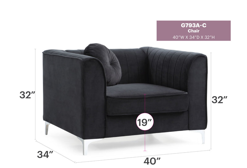 Contemporary sloped armchair by Glory Furniture with plush upholstery and modern design, shown in a stylish living room setting.