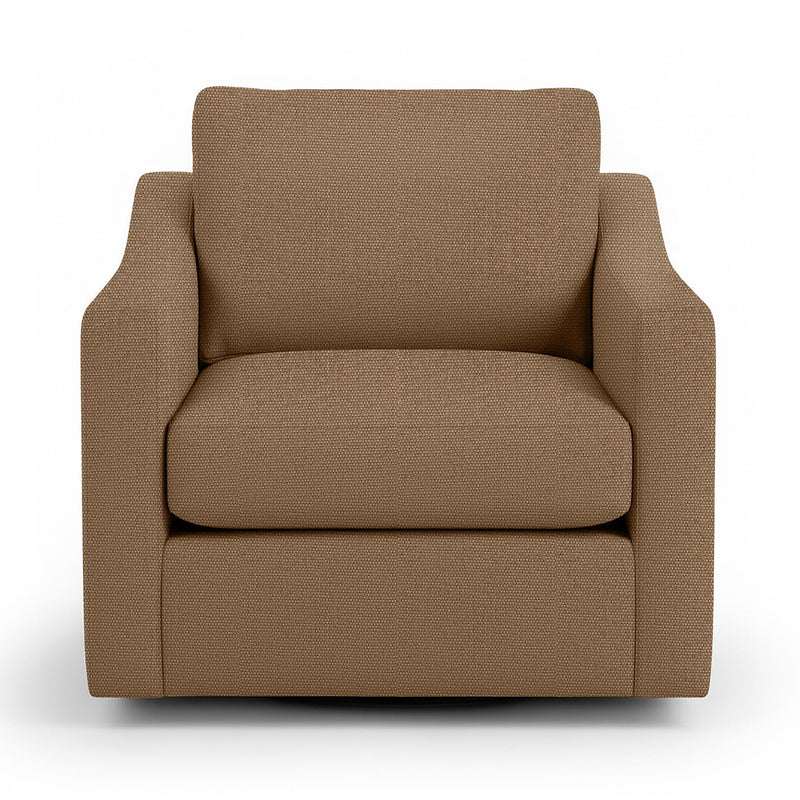Classic Home Aspen swivel chair with a cushioned beige fabric seat and wooden base, showcasing a stylish and comfortable design.