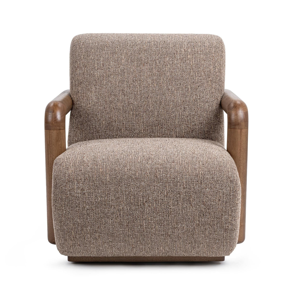 Classic Home Welson swivel accent chair in warm mocha fabric with a rounded back and wooden swivel base, stylish and comfortable.