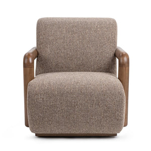 Classic Home Welson swivel accent chair in warm mocha fabric with a rounded back and wooden swivel base, stylish and comfortable.