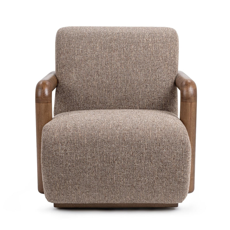 Classic Home Welson swivel accent chair in warm mocha fabric with a rounded back and wooden swivel base, stylish and comfortable.