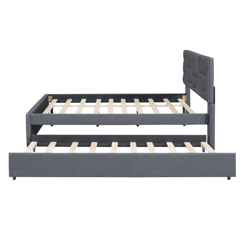 Upholstered Platform Bed With Brick Pattern Headboard And Twin Long Size Trundle - R&R Furniture Gallery (Fountain Valley, CA)