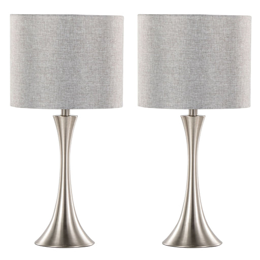 Set of two Lumi Source Lenuxe contemporary modern design table lamps with sleek, stylish bases and fabric shades for modern decor.