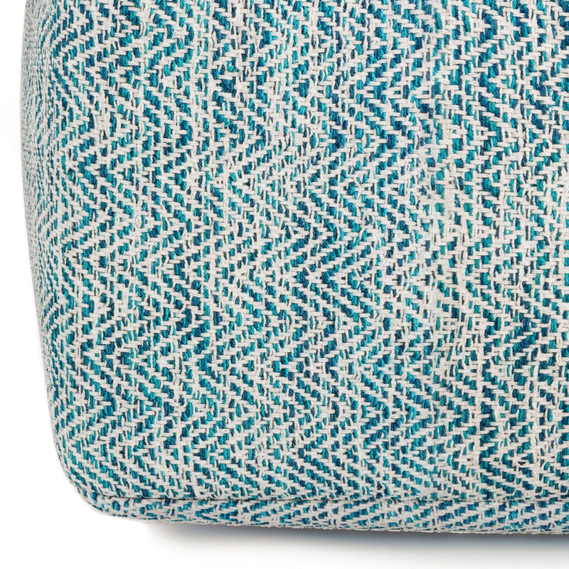 Simpli-Home Nate handcrafted square accent pouf with neutral fabric and wooden legs, versatile and stylish for living room decor.