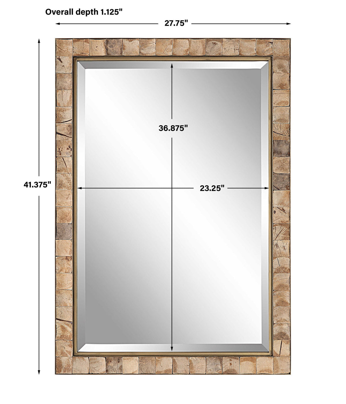 Light brown coconut shell accent mirror by Uttermost with a natural textured coconut shell frame.