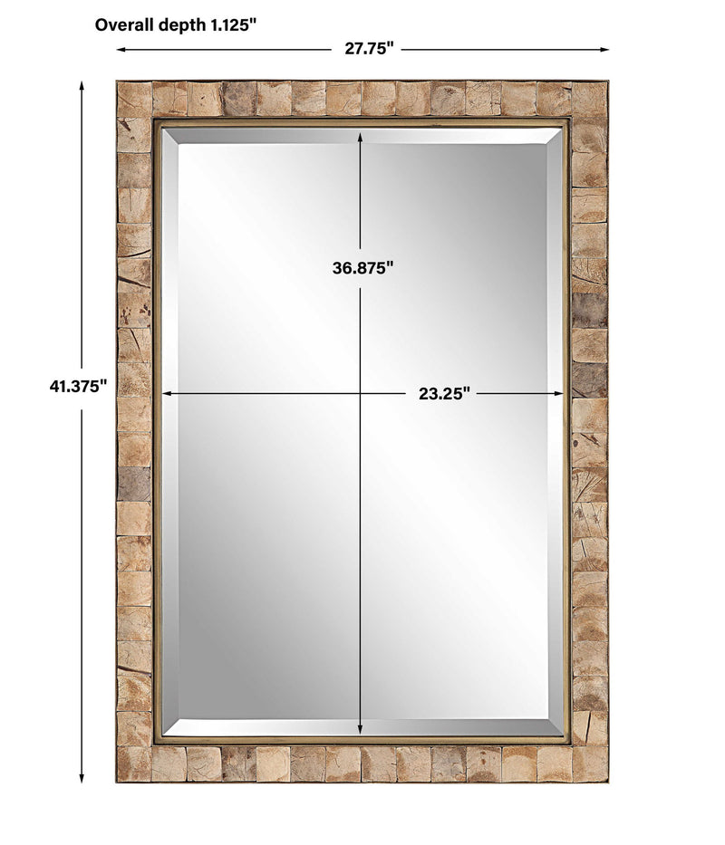Light brown coconut shell accent mirror by Uttermost with a natural textured coconut shell frame.