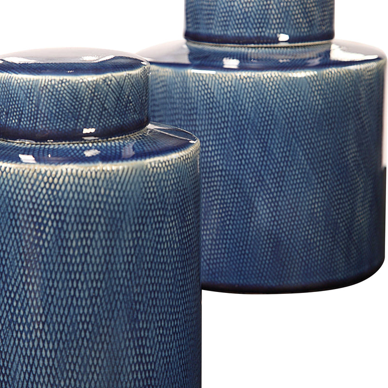 Pair of blue Uttermost Saniya containers or vases with sleek design, set of 2, ideal for stylish home storage or decor.