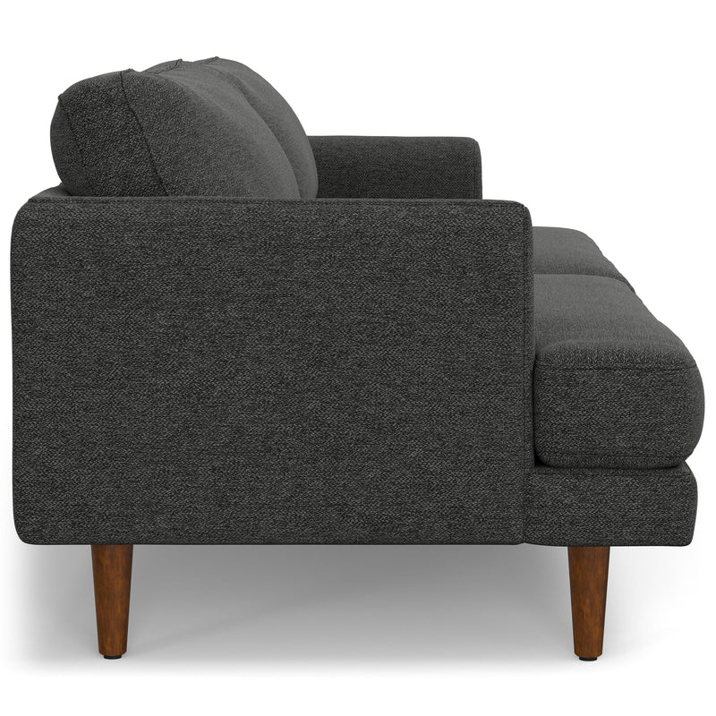Livingston upholstered stationary sofa by Simpli-Home with plush fabric and modern design, shown in a cozy living room setting.