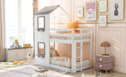 DreamHaus wooden bunk bed with roof, window, guardrail, and ladder, showcasing a cozy multi-level sleeping space.