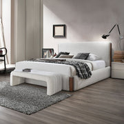 ACME Sandro beige boucle upholstered bench with cushioned seat and wooden legs, ideal for entryways or living spaces.