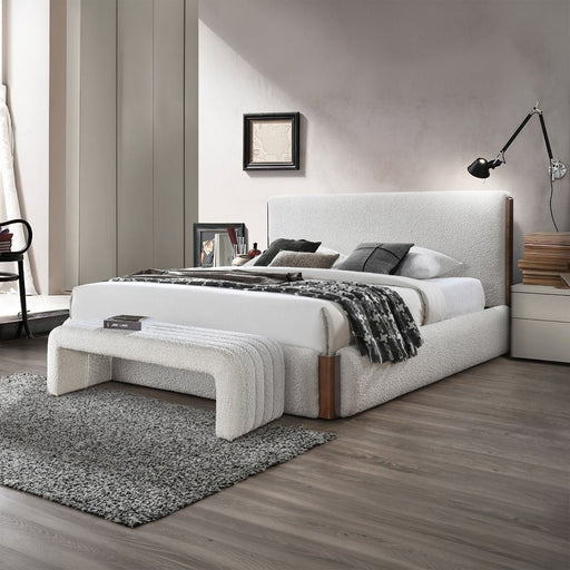 ACME Sandro beige boucle upholstered bench with cushioned seat and wooden legs, ideal for entryways or living spaces.