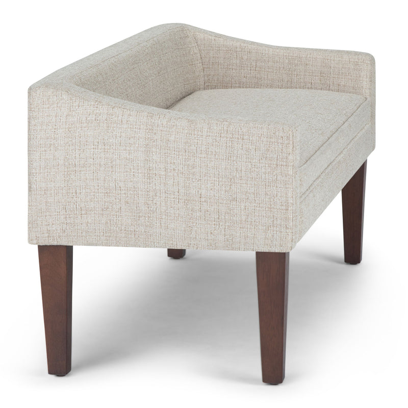 Contemporary upholstered bench by Simpli-Home with soft fabric and sleek design, ideal for living room or entryway seating.