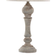 Set of two Lumi Source Winston farmhouse poly table lamps with rustic beige shades and wooden bases on a wooden surface.