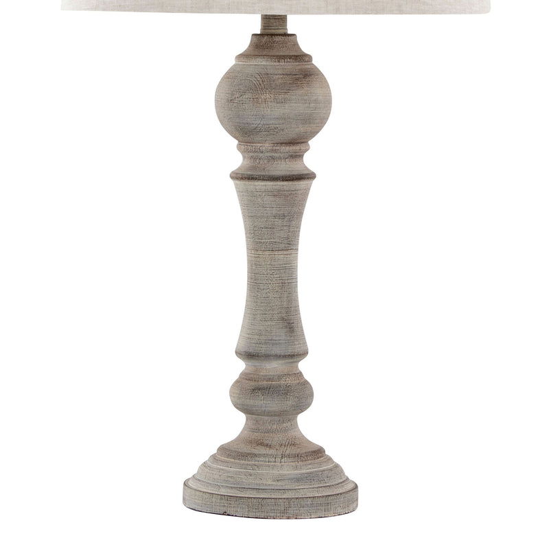 Set of two Lumi Source Winston farmhouse poly table lamps with rustic beige shades and wooden bases on a wooden surface.