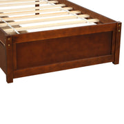 Wood platform storage bed frame with two built-in drawers and a headboard, by DreamHaus, showcasing its sturdy design and functional storage.