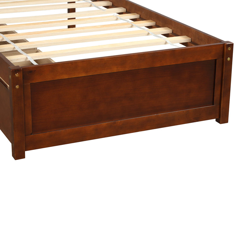 Wood platform storage bed frame with two built-in drawers and a headboard, by DreamHaus, showcasing its sturdy design and functional storage.