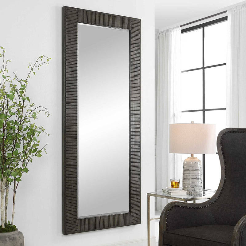 Large gray Figaro accent mirror by Uttermost with an oversized rectangular frame, perfect for modern interior decor.