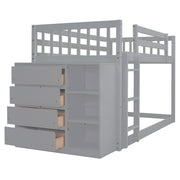 DreamHaus bunk bed with built-in four drawers and three shelves, featuring a sturdy wooden frame and a space-saving design.