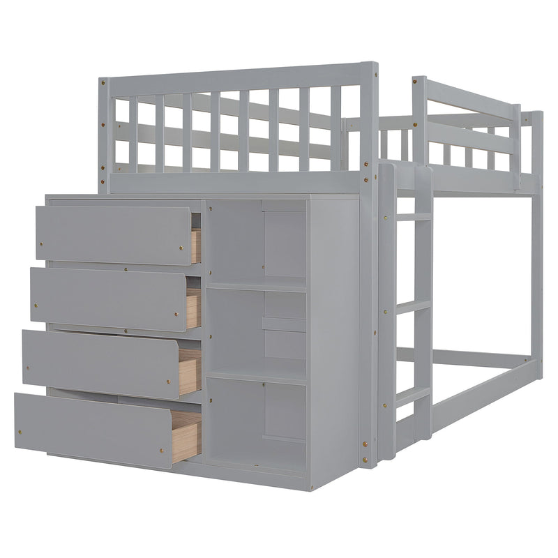 DreamHaus bunk bed with built-in four drawers and three shelves, featuring a sturdy wooden frame and a space-saving design.