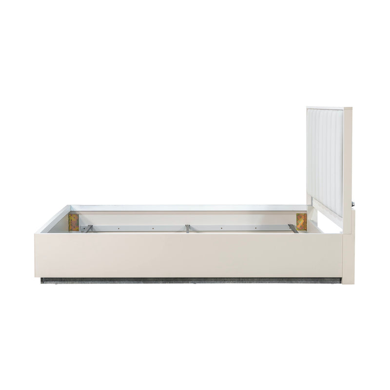 Upholstered bed by Michael Amini with integrated LED lights, showcasing a modern design and plush fabric upholstery.