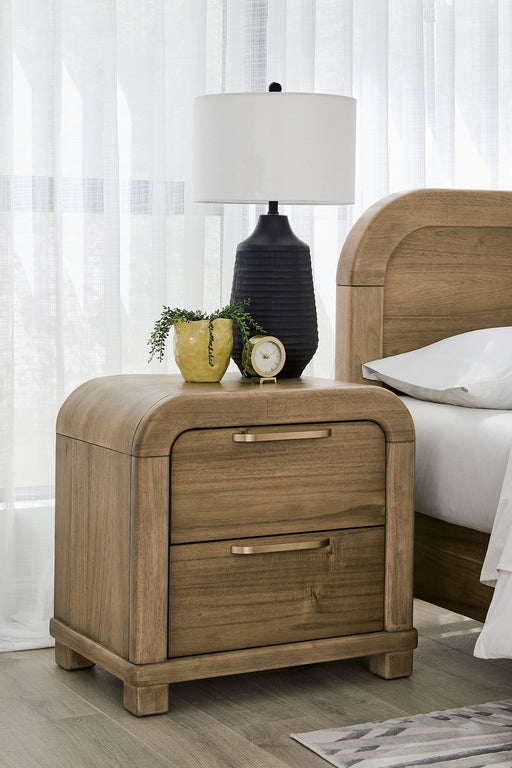 Modus Kione two-drawer acacia wood nightstand in Lioness finish with sleek design and sturdy construction.