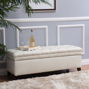 Noble House Juliana storage ottoman with birch legs, upholstered in neutral fabric, featuring a spacious top for storage and seating.