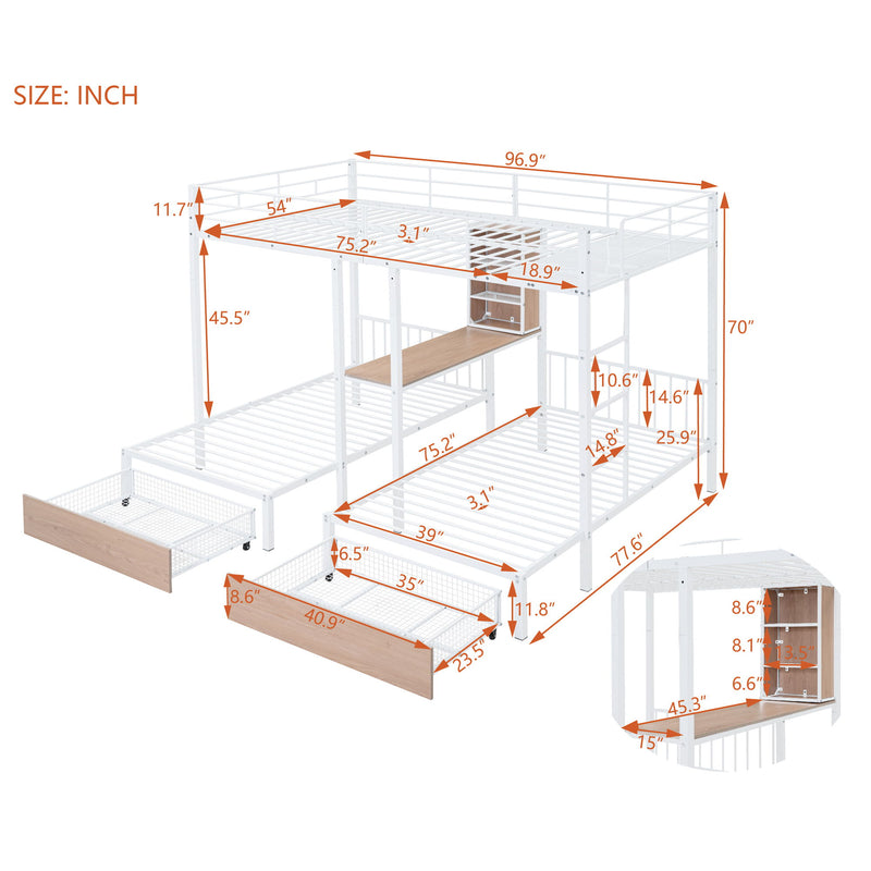 Triple Bunk Bed With Drawers, Multi-Functional Frame With Desks And Shelves In The Middle - R&R Furniture Gallery (Fountain Valley, CA)