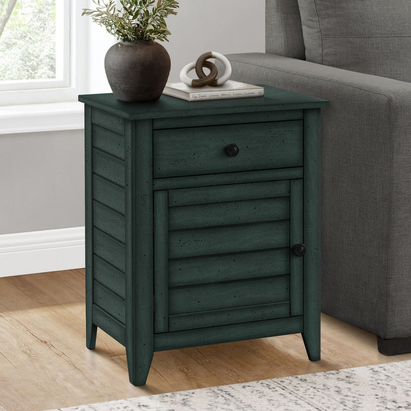 Blue accent table with storage drawer by 8th Street, featuring a sleek design and functional drawer for added storage.