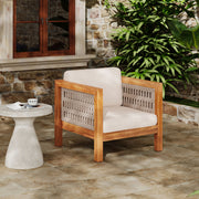 Noble House outdoor club arm chair with rope armrests and plush cushions, perfect for patio or garden seating.