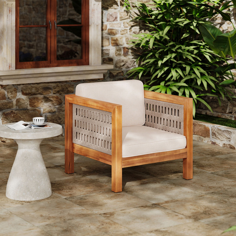 Noble House outdoor club arm chair with rope armrests and plush cushions, perfect for patio or garden seating.