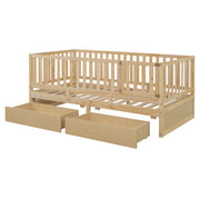 DreamHaus storage daybed with fence guardrails, two drawers, convertible into a floor bed and daybed, in a cozy bedroom setting.