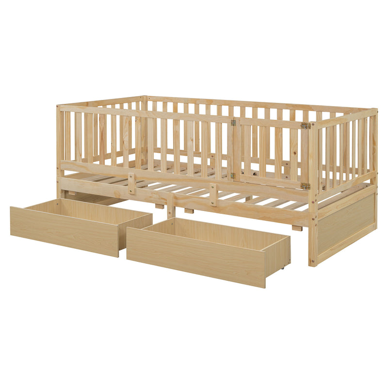 DreamHaus storage daybed with fence guardrails, two drawers, convertible into a floor bed and daybed, in a cozy bedroom setting.