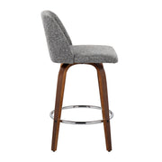 Lumi Source Toriano mid-century modern counter stool set with round footrest, fixed height, sleek design, and wooden legs.