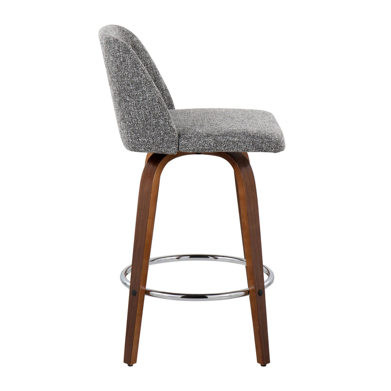Lumi Source Toriano mid-century modern counter stool set with round footrest, fixed height, sleek design, and wooden legs.