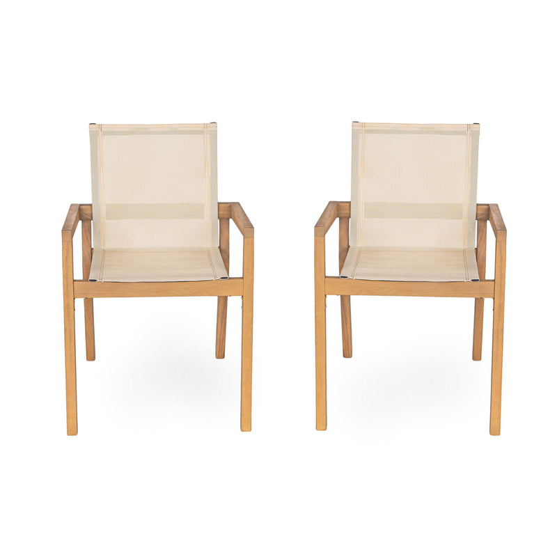 Set of two Noble House Belfast dining chairs with acacia wood frames and cushioned seating, modern and stylish for dining rooms.