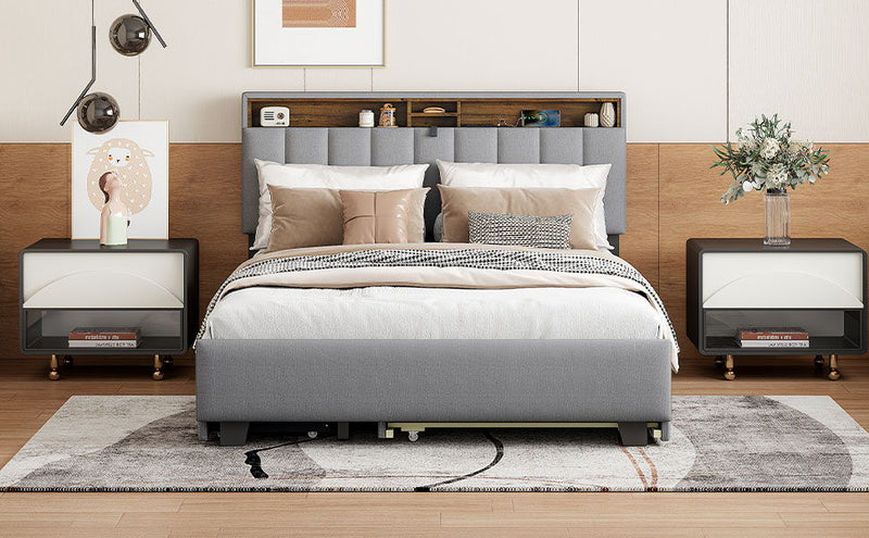 Upholstered Platform Bed With Storage Headboard, Trundle & 2 Drawers And A Set Of Sockets & USB Ports - R&R Furniture Gallery (Fountain Valley, CA)