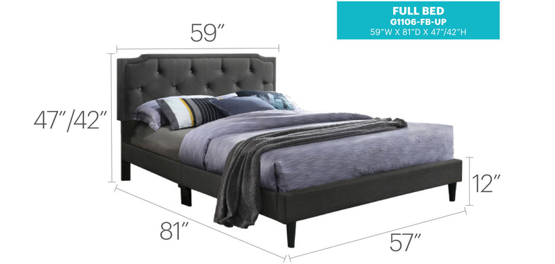 Upholstered button-tufted bed in a cozy bedroom setting, showcasing the plush fabric and elegant design by Glory Furniture.