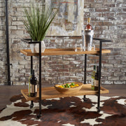 Modern industrial Noble House bar cart with shelving, casters, and sleek metal frame for stylish serving and storage.