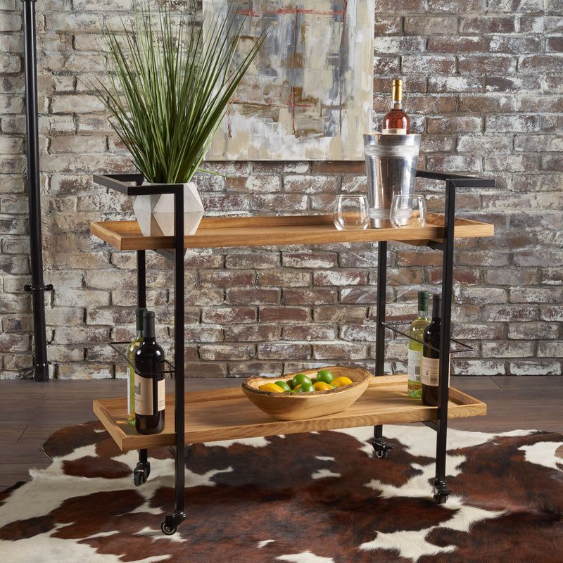 Modern industrial Noble House bar cart with shelving, casters, and sleek metal frame for stylish serving and storage.